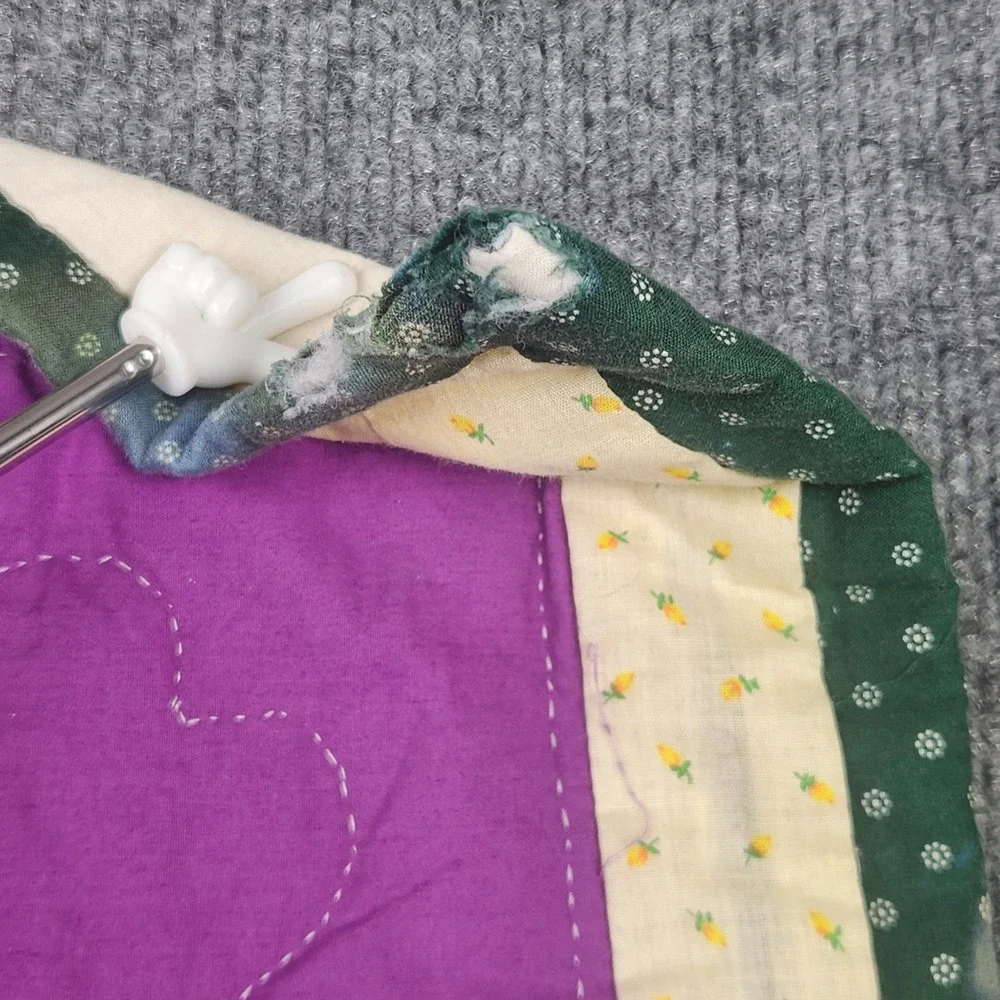 Vintage Hand Stitched Pineapple Welcome Quilt Wall Hanging Purple Green 25x31